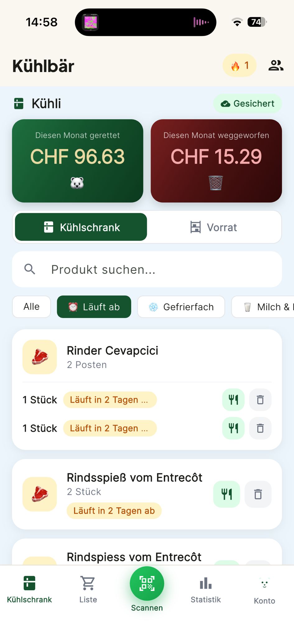 Kühlbär App – Kühlschrank-Übersicht mit Spar-Counter und ablaufenden Lebensmitteln