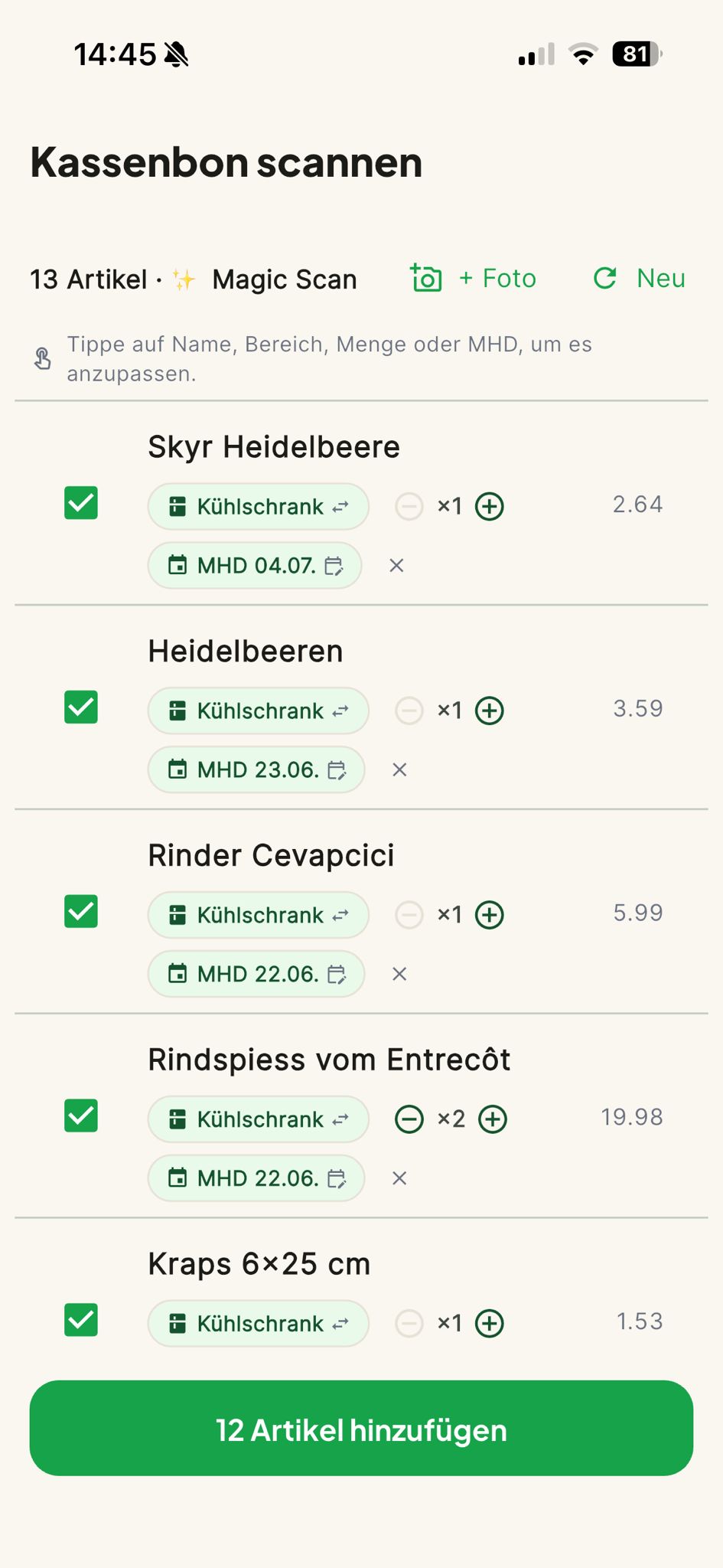 Kühlbär-App: Magic Scan eines Kassenbons mit 13 erkannten Artikeln, jeweils mit Lagerort, Menge, Mindesthaltbarkeitsdatum und Preis