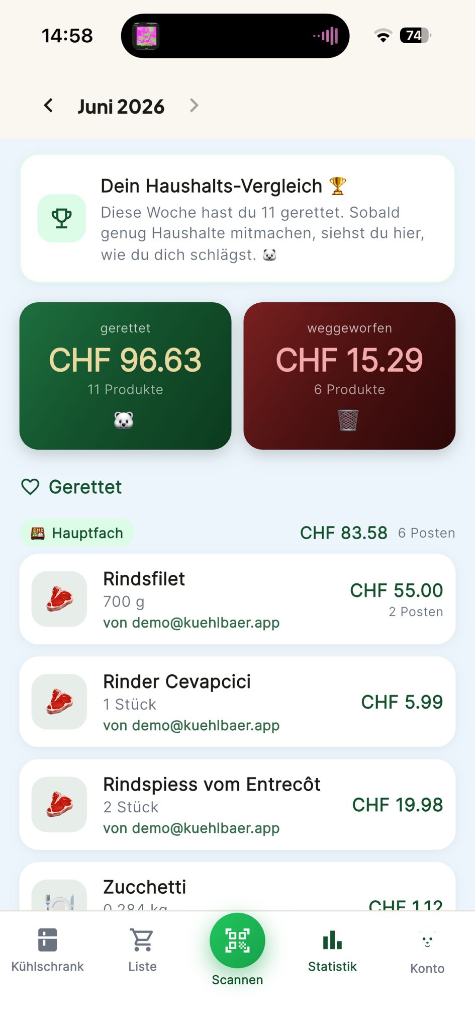 Kühlbär-App: Statistik Juni 2026 eines Demo-Kontos mit gerettet CHF 96.63 aus 11 Produkten und weggeworfen CHF 15.29 aus 6 Produkten